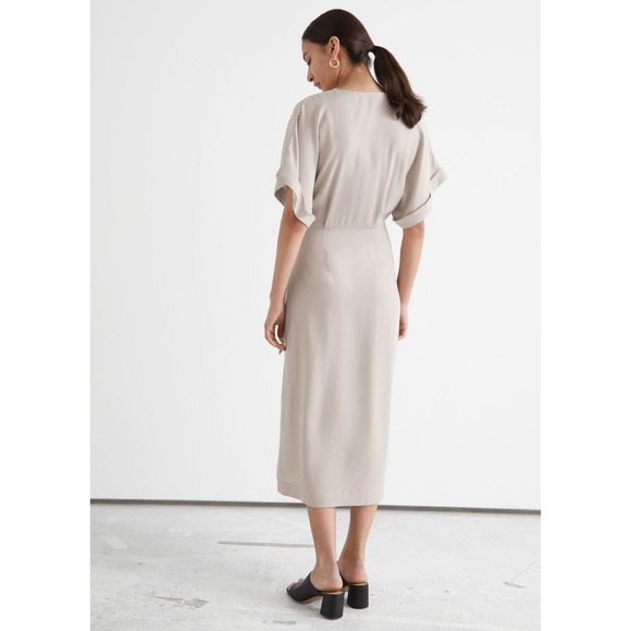 & Other Stories Fold Up Sleeve Midi Wrap Dress Size 4 Beige Tie Waist Minimalist - Picture 14 of 14